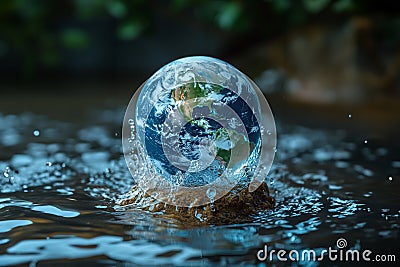 World surrounded by water, a 3D globe reflecting the blue skies, representing the interconnectedness of Earth and its delicate Stock Photo