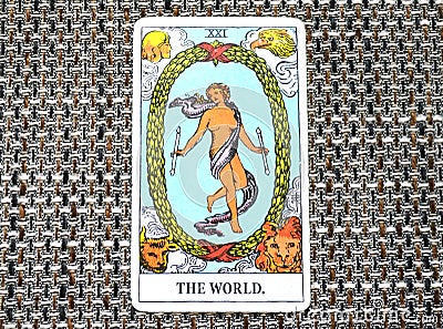 The World Tarot Card Travel Succes Final stage Cycles Stock Photo