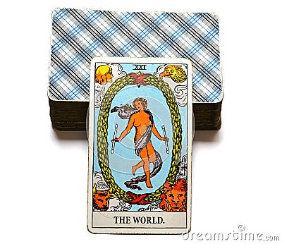 The World Tarot Card Travel Succes Final stage Cycles Stock Photo
