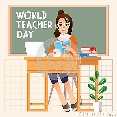 World teacher day poster illustrate by teacher sit on chair, laptop on desk and balckboard behind her vector illustration Vector Illustration
