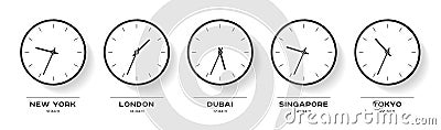 World time. Simple Clock icons in flat style. New York, London, Dubai, Singapore, Tokyo. Black Watch on white background. Business Vector Illustration