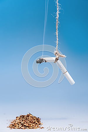 World Tobacco Control Day. Smoking cigarette hangs over a pile of tobacco on a blue background. Copy space. Vertical Stock Photo