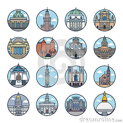 World top cities famous building landmark. Vector Illustration