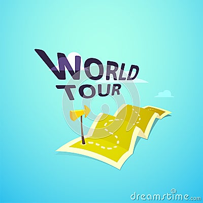 World tour concept logo, long route in travel map Vector Illustration
