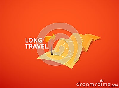 World tour concept logo, long route in travel map with guide marker Vector Illustration