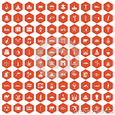 100 world tour icons hexagon orange Vector Illustration