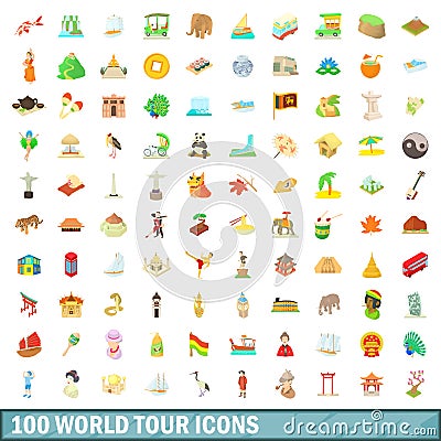 100 world tour icons set, cartoon style Vector Illustration