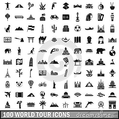 100 world tour icons set, simple style Vector Illustration