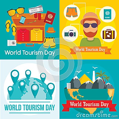 World Tourism Day travel banner set, flat style Cartoon Illustration