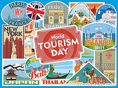 World Tourist Day. Greeting card poster. Colored travel stickers Vector Illustration