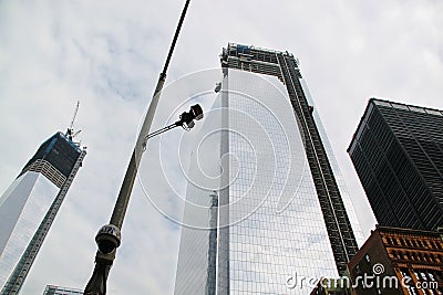 World Trade Center. Closeup view of unfinished buildings. White clouds background. September 2012. New York. Editorial Stock Photo