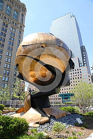 The World Trade Center Sphere damaged by the events of September 11 placed in Liberty Park Editorial Stock Photo