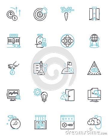 World trade linear icons set. Globalization, Export, Import, Tariffs, Embargo, Free trade, Protectionism line vector and Vector Illustration