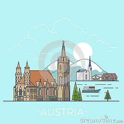 World travel in Austria Linear Flat vector design Vector Illustration