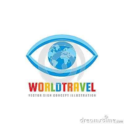 World travel - concept logo template vector illustration. Abstract eye with globe creative sign. Earth planet symbol. Vector Illustration