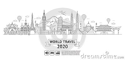 World travel doodle art drawing style. Famous landmarks in the world Vector Illustration