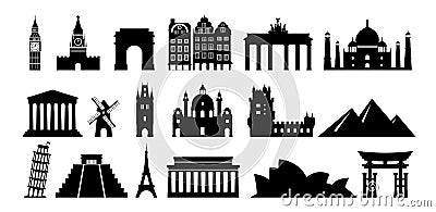 World travel. Famous architecture. Black silhouette buildings. Tourism around Earth. Towers and arches. Tourists signs Vector Illustration