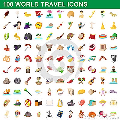 100 world travel icons set, cartoon style Vector Illustration