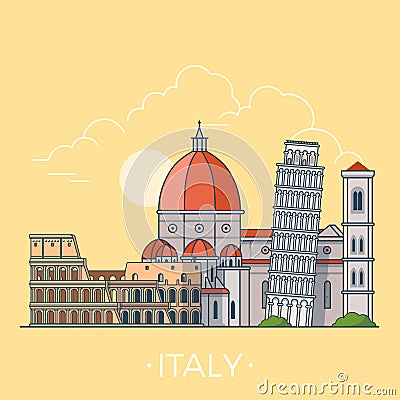 World travel in Italy. Europe Linear Flat vector t Vector Illustration