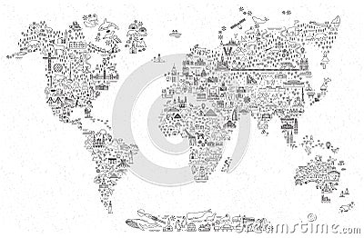 World Travel Line Icons Map. Travel Poster with animals and sightseeing attractions. Inspirational Vector Illustration. Vector Illustration