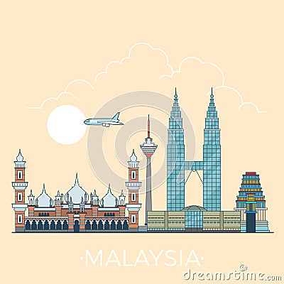 World travel in Malaysia Linear Flat vector design Vector Illustration