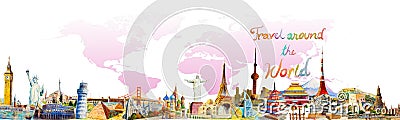 World travel and sights. Famous landmarks of the world Cartoon Illustration