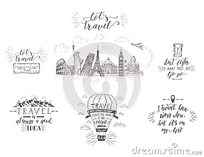 World travel , sights and transport. Set of tourism banners with hand-lettering quotes. Vector Illustration