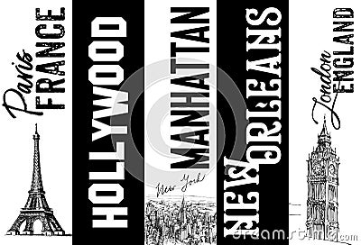 WORLD TRAVEL SIGNS PARIS FRANCE HOLLYWOOD MANHATTAN NEW ORLEANS LONDON Stock Photo