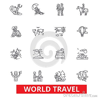 World travel, winter tourism, skiing, diving, flight, summer beach vacation line icons. Editable strokes. Flat design Vector Illustration