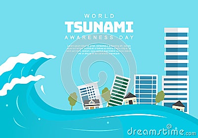 World tsunami awareness day background with building and wave Vector Illustration