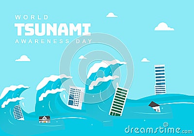 World tsunami awareness day background with building and wave Vector Illustration