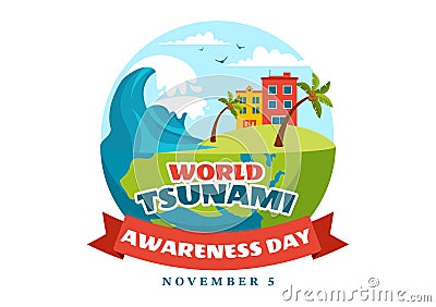 World Tsunami Awareness Day Vector Illustration on 5 November with Waves Hitting Houses and Building Landscape in Flat Cartoon Vector Illustration