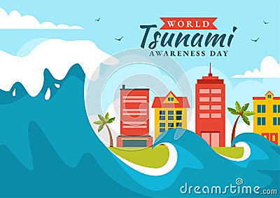 World Tsunami Awareness Day Vector Illustration on 5 November with Waves Hitting Houses and Building Landscape in Flat Cartoon Vector Illustration