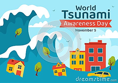 World Tsunami Awareness Day Vector Illustration on 5 November with Waves Hitting Houses and Building Landscape in Flat Cartoon Vector Illustration