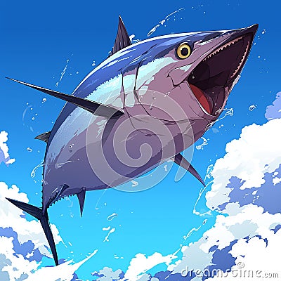 World Tuna Day Illustration with Tuna on sky Background, anime style Stock Photo