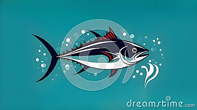 World Tuna Day May 2. Ocean Day June 8. Vector art of sea tuna isolated on blue background with copy space. Tuna can label Cartoon Illustration