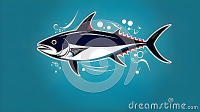 World Tuna Day May 2. Ocean Day June 8. Vector art of sea tuna isolated on blue background with copy space. Tuna can label Cartoon Illustration