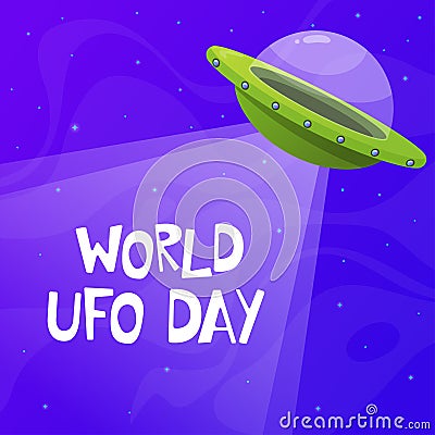 World UFO Day postcard. Flying saucer in space Vector Illustration
