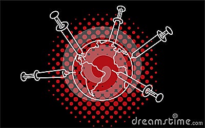 World vaccination vector banner. COVID-19 Coronavirus vaccine syringes needles are injected around planet Earth. Vector Illustration