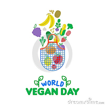 World Vegan Day card of vegetable and fruit icons Vector Illustration