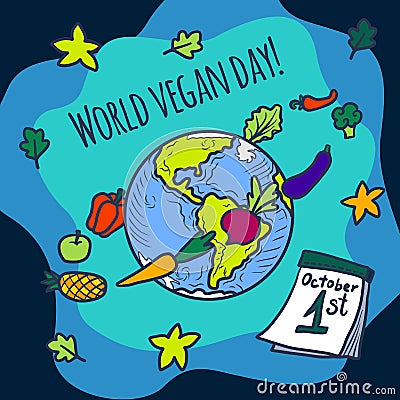 World vegan day concept background, hand drawn style Vector Illustration