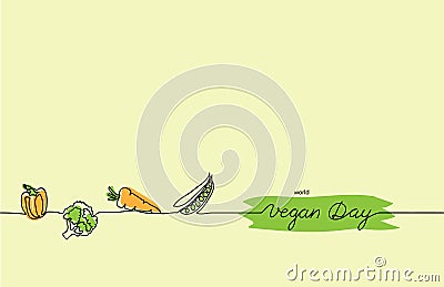 World Vegan day web banner, background. Simple color vegan vector banner. Vegetarian one continuous line drawing Vector Illustration