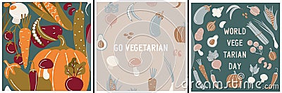 World Vegetarian Day. Hello, autumn. Set of vector greeting cards with vegetables, herbs and mushrooms. Autumn harvest and Vector Illustration