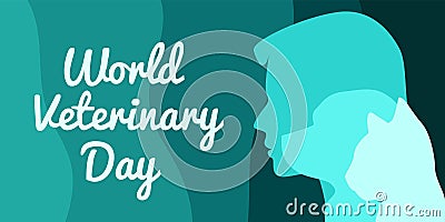 World Veterinary Day vector. Dog, cat and man silhouette vector. Pets from side silhouette icon isolated on a blue Vector Illustration