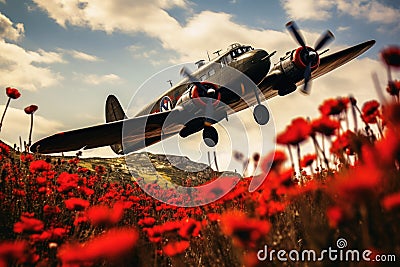 A World War II plane in the distance flying low over a field of red poppies Stock Photo