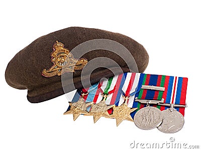 World War II soldier's beret and medals Stock Photo