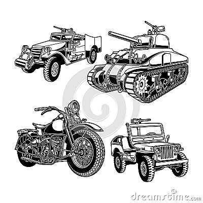 World War 2 Military Vehicles of The United States Vector Illustration