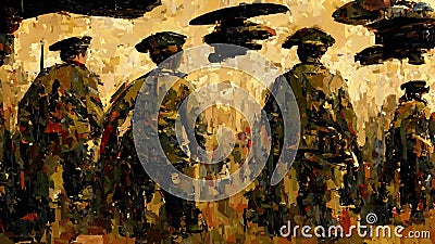 World War soldiers watch alien spaceships invade Earth. Stock Photo