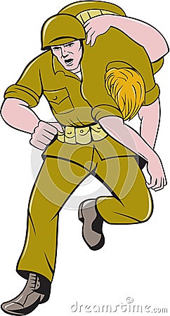 World War Two American Soldier Carry Wounded Comrade Vector Illustration