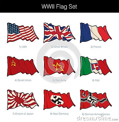 World War Two Waving Flag Set Vector Illustration